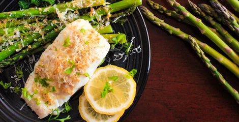 Pacific Northwest Alaskan Halibut with Lemon-Garlic Asparagus